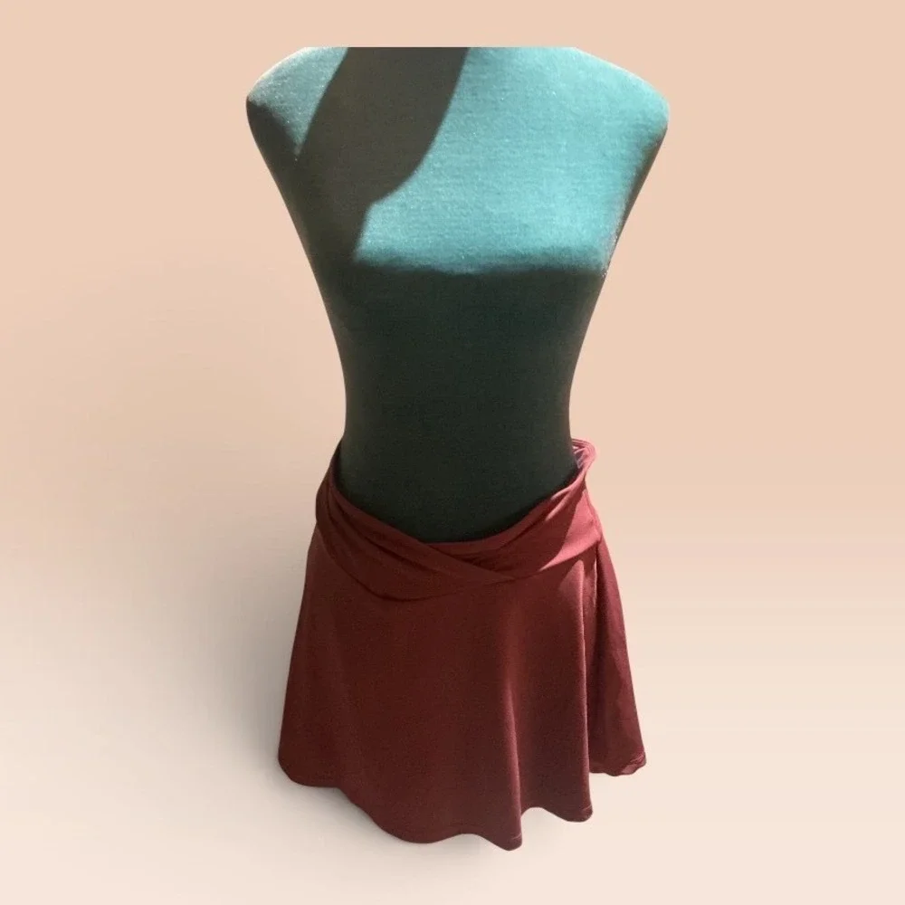 Burgundy Crossover V-Waist Mini Skirt Wine Red Flared Skater Skirt Womens